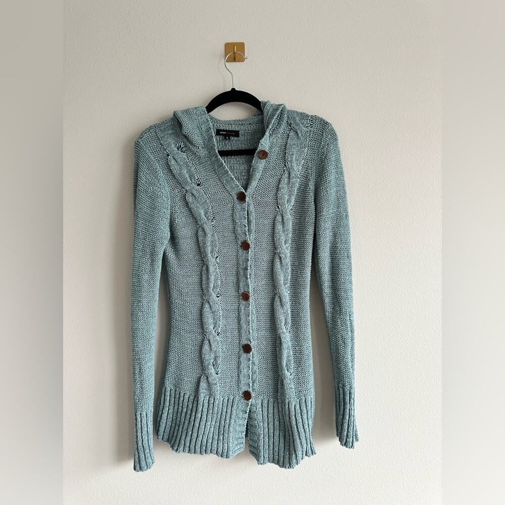 Y2K BCBGMaxazaria Knit Cardigan Hooded Blue Sweater Wood Buttons Size Large